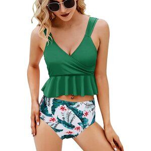 FERBIA Women XL Green Palm Print Ruffle High Waisted 2pcTankini BIKINI Swimsuit